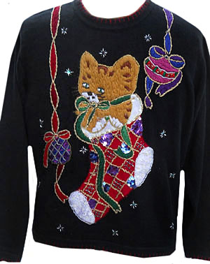 (mens Roomy M) Ugly Xmas Sweater, KITTY in STOCKING with SEQUINS & BEADS
