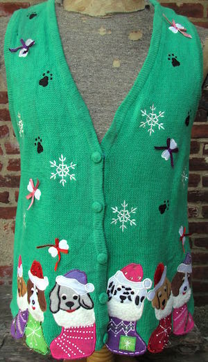 (mens M) Crazy Cute Puppy DOGS in Beaded Stockings Christmas Sweater Vest!!