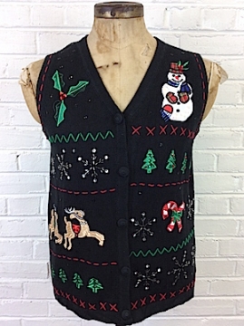(Mens L) Ugly Christmas Sweater Vest. Black Knit w/ Sparkly XMas Designs