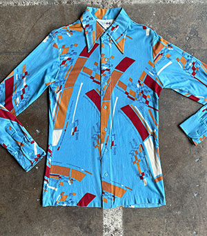 Sazz Vintage Clothing: (XS) Mens Vintage 70s Huk A Poo Disco Shirt. Sky  Blue, Red & Orange Trippy Print.