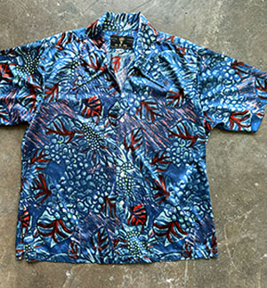 (M/L) Mens Vintage 70s S/S Disco Shirt. Blue, Rust  & Neon Green Trippy Abstract Floral Print!