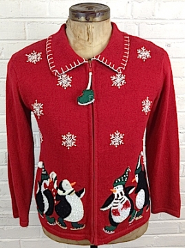 (Mens L) Ugly Xmas Cardigan. Happy Penguins on Ice Skates!! As-Is.