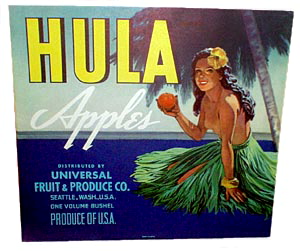 Vintage 1950s apple crate label, Hula Apples