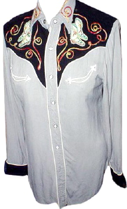 Rare 1950s men's H Bar C Grey & Black Gabardine western shirt w/ Embroidered Cowboy Boots (XS)