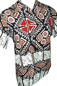 very wild 1970s batik style Tikki mens shirt w/ cloth-covered buttons (XS)