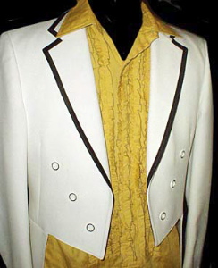 (38, extra Tall) Bright WHITE POLYESTER Disco Tuxedo Jacket w/ Tails! black edging