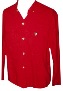 1950's mens vintage shirt Bright Red GABARDINE w/ Blk. Silver & Red lion shield (M)