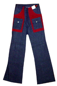 (28x33 sz.XXS) Vintage 1970s men's BELLBOTTOMS Jeans w/ Red panels & snap Pockets