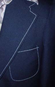 (40, w34 sz.M short) vintage 70s men's SUIT dark blue w/ light blue top-stitching