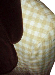 (41) 1970s men's Tuxedo Jacket Tan & White checkered w/ Brown VELVET lapels!