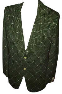 <strong>(36, sz.S Tallish) Vintage 70s polyester sport jacket</strong> Green & White lines & Diamond