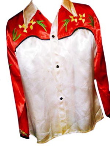 <strong>(M) 1940s SATIN Embroidered Western Shirt</strong> Red & Cream. Flowers front, back & sleeve