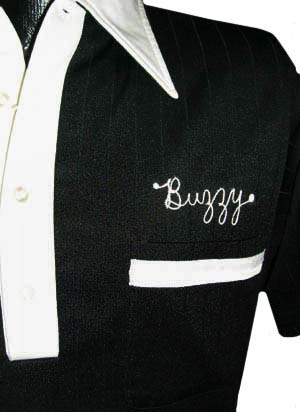 (M) mens vintage 1970s BOWLING SHIRT Buzzy. MacIntyres on back. black & grey polyester
