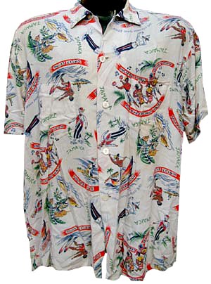 (M-L) 1950s ISSA SHOPS rayon Hawaiian / Tikki shirt. MATCHING POCKETS, shell button