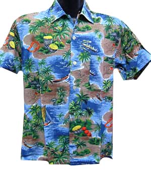 <strong>(S) 1950s rayon Hawaiian Shirt</strong> Never worn. Tikki tropical scenes