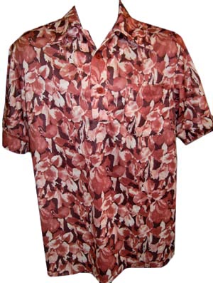 <strong>(L) 1970s men's disco shirt</strong> Shortsleeve Polyester. Maroon/Pink/Burgundy flowers