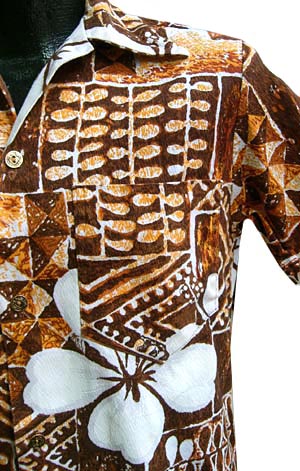 (XS) 1960s men's Hawaiian tropical tikki Shirt Brown White orange barkcloth cotton