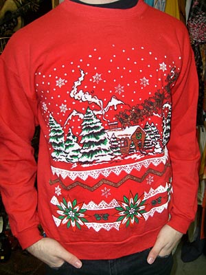 (M) Tacky XMas sweater/sweatshirt. Santa Reindeer, Snowy trees & Log Cabin. Gold glitter too!