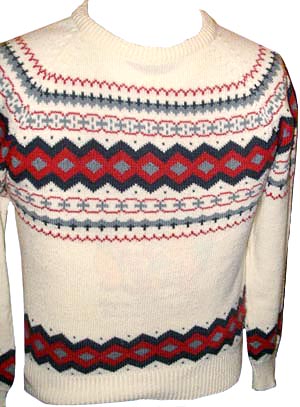 (M) vintage 1980s sweater. nordic style. Ivory w/grey & cranberry designs. SOFT!