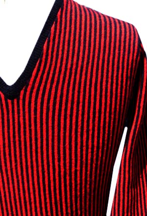 (M) striking 1960s Red and black vertical striped pullover Sweater. LAMBSWOOL