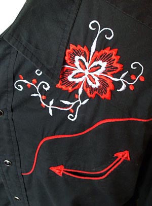 (L) killer vintage HBarC western shirt. Black w/ Red & Silvery Embroidered flowers. Black snaps!