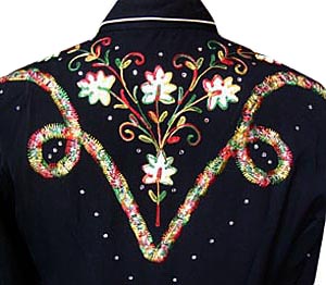 (M) custom embroidered California Ranchwear gabardine western shirt. Rhinestones! Glass snaps!