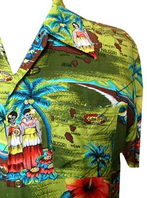 (L) 1970s rayon Hawaiian shirt. bright colors, palm trees, natives