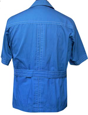 (M) vintage men's cabana / lounge shirt. Royal blue w/white stitching, attached belt