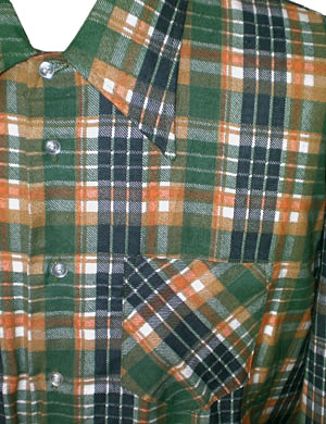 (XL) never worn 1970s softnfuzzy Flannel Shirt greens, orange, tan white plaid