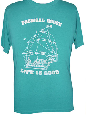 (L-XL) bright teal green 1980s Vintage tshirt PRODIGAL HOUSE LIFE IS GOOD