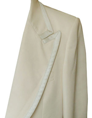 (46 short, 38x36) 70s Tuxedo JACKET & PANTS. creamy ivory polyester. Pants are unhemmed.