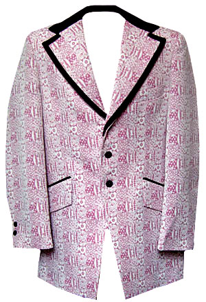 (38, Tall) 70s maroon & white TAPESTRY Tuxedo jacket. Black satin collar, 3 button