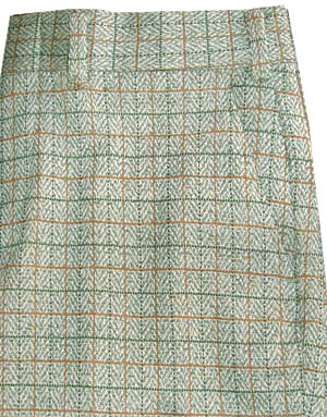 (32x29) vintage 70s mens polyester DISCO PANTS. busy pattern- grey/green, dark green, orange, grey