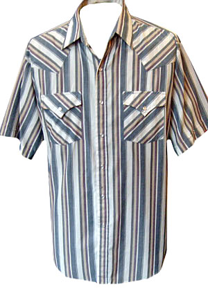 (L) vintage men's short sleeve western shirt. Ivory, w/muted blue, burgundy, tan