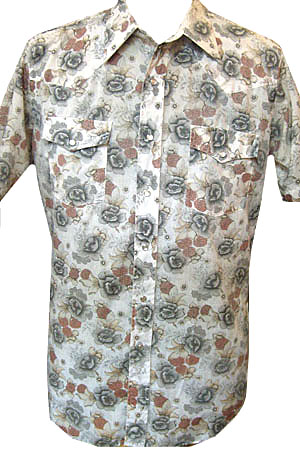 (L) vintage men's short sleeve Western Shirt. muted colour Flowers. Grey, Tan, White, Reddish