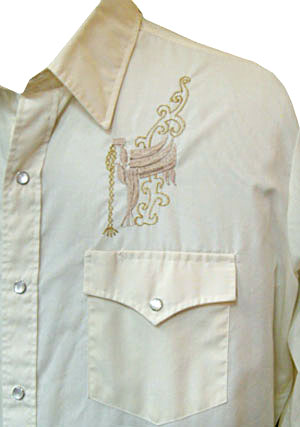(L) vintage men's western shirt. Embroidered saddles, golden rope