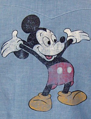 (roomy M) 1970s men's western shirt w/faded MICKEY MOUSE print on the back