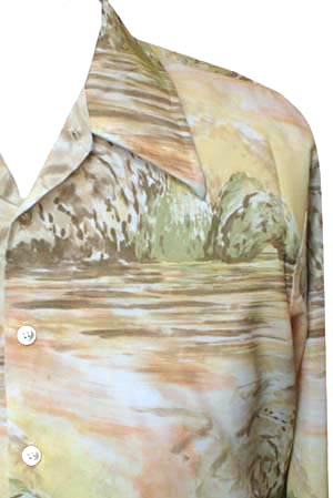(L) vintage 70s men's polyester DISCO SHIRT warm pastels. abstract ocean landscape scenes?