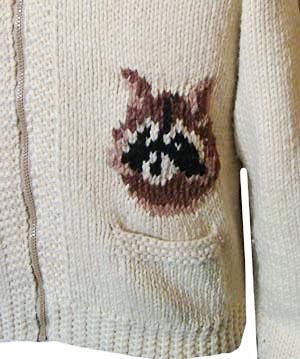 (S) vintage Cowichan style sweater/cardigan. thick but soft wool. Raccoon front & back