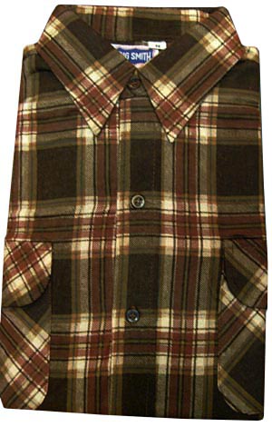 (M) vintage men's early 1980s 100% cotton flannel shirt. Brown, golden-brown, reddish-brown, white