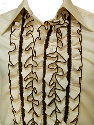 (XS) vintage 70s men's Ruffled Tuxedo Shirt. pale tan, dark brown trim.