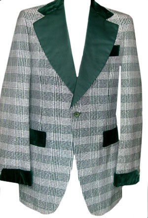 (36, bit taller) 1970s Tuxedo Jacket. Dark Green, SILVER, and white plaid. GREEN VELVET & SATIN