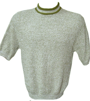 (M) late 60s-1970s men's knit polyester pullover shirt. Sage Green & White; ringer collar
