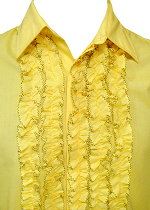 (S) vintage men's RUFFLED Tuxedo shirt. Bright Yellow ruffles, black zigzag trim