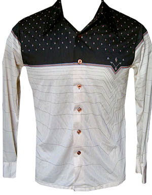 (M) crazy weird 70s men's disco shirt. Dark brown, w/coppery-maroon & blue. Shimmery tan. V details