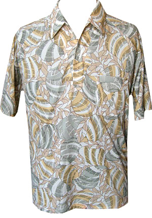 (L) vintage 1970s men's DISCO SHIRT.  Psychedelic shells? Leaves? Muted tones.