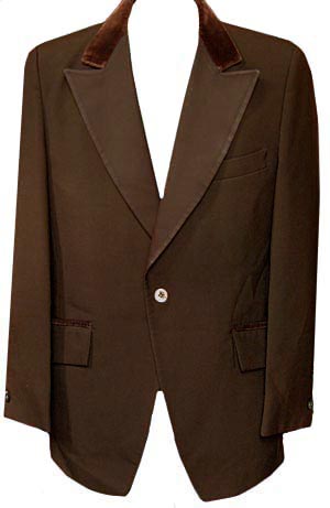 (44) vintage 70s dark brown polyester tuxedo jacket. Satin & Velvet! as-is