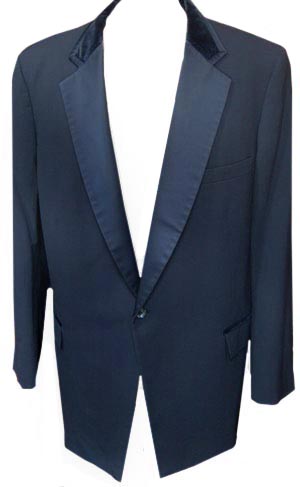 (52, Tall) vintage 70s BIG MAN Tuxedo jacket. Dark Blue w/VELVET and satin