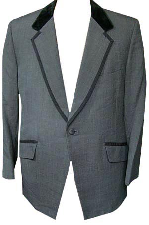 (36) vintage 1970s Tuxedo Jacket. classy Grey w/Black VELVET collar, ribbon trim