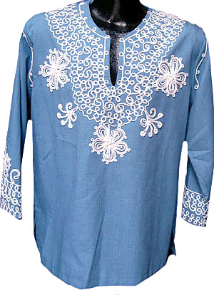 (M) Men's Vintage Hippie Embroidered Shirt. Light blue chambray with fancy white cording